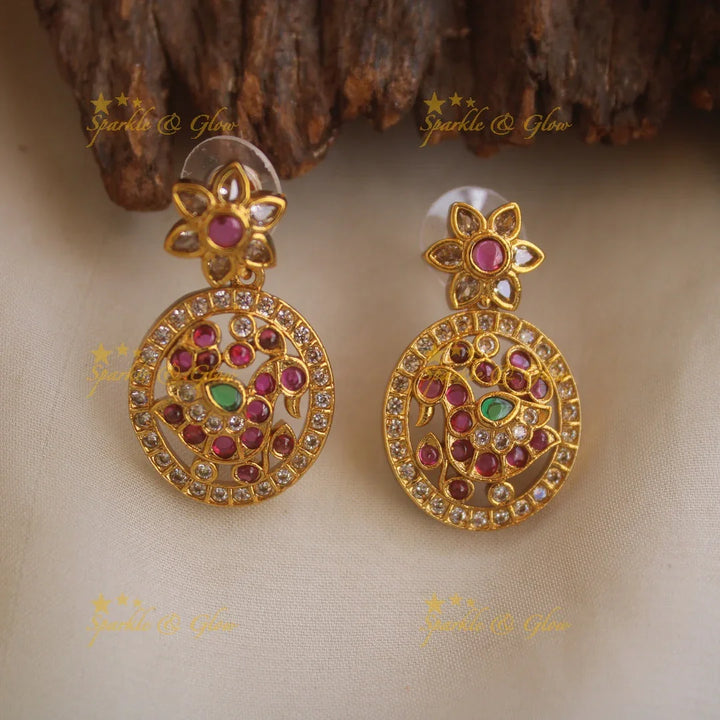 Elegant Peacock floral design bottu long necklace with CZ stones ruby and emerald - Sparkle and Glow