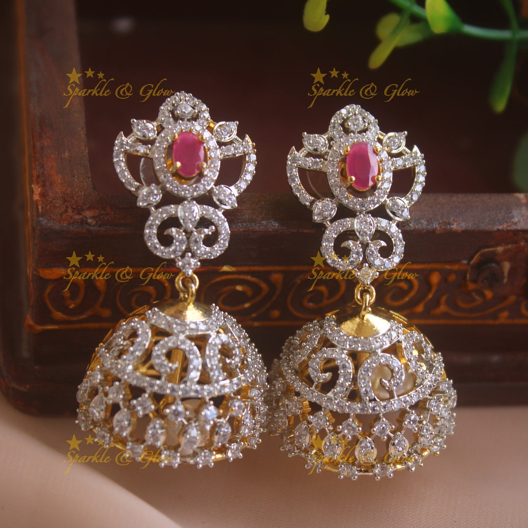 Beautiful Floral design American diamond jumukas with ruby