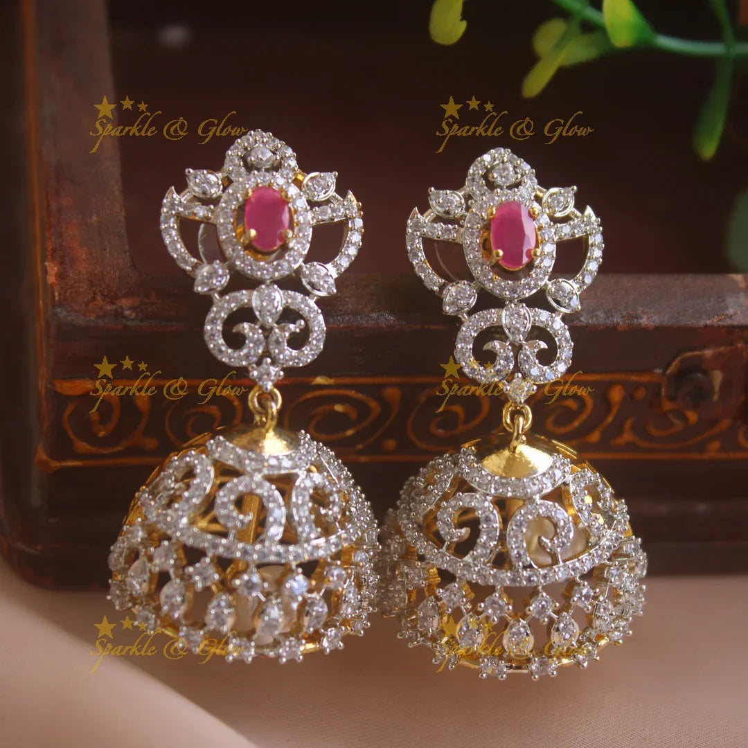 Beautiful Floral design American diamond jumukas with ruby - Sparkle and Glow