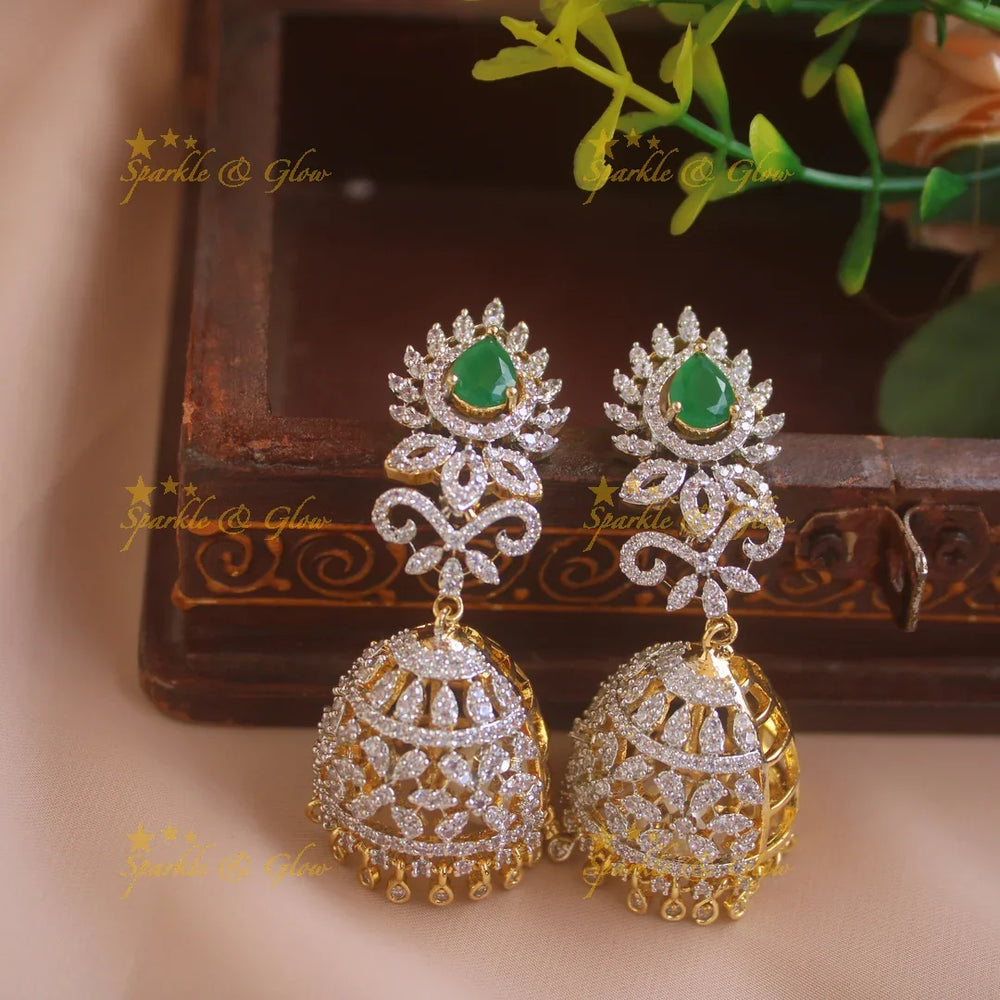 Sparkling Floral and leaf design American diamond jumukas with emerald and stone drops - Sparkle and Glow