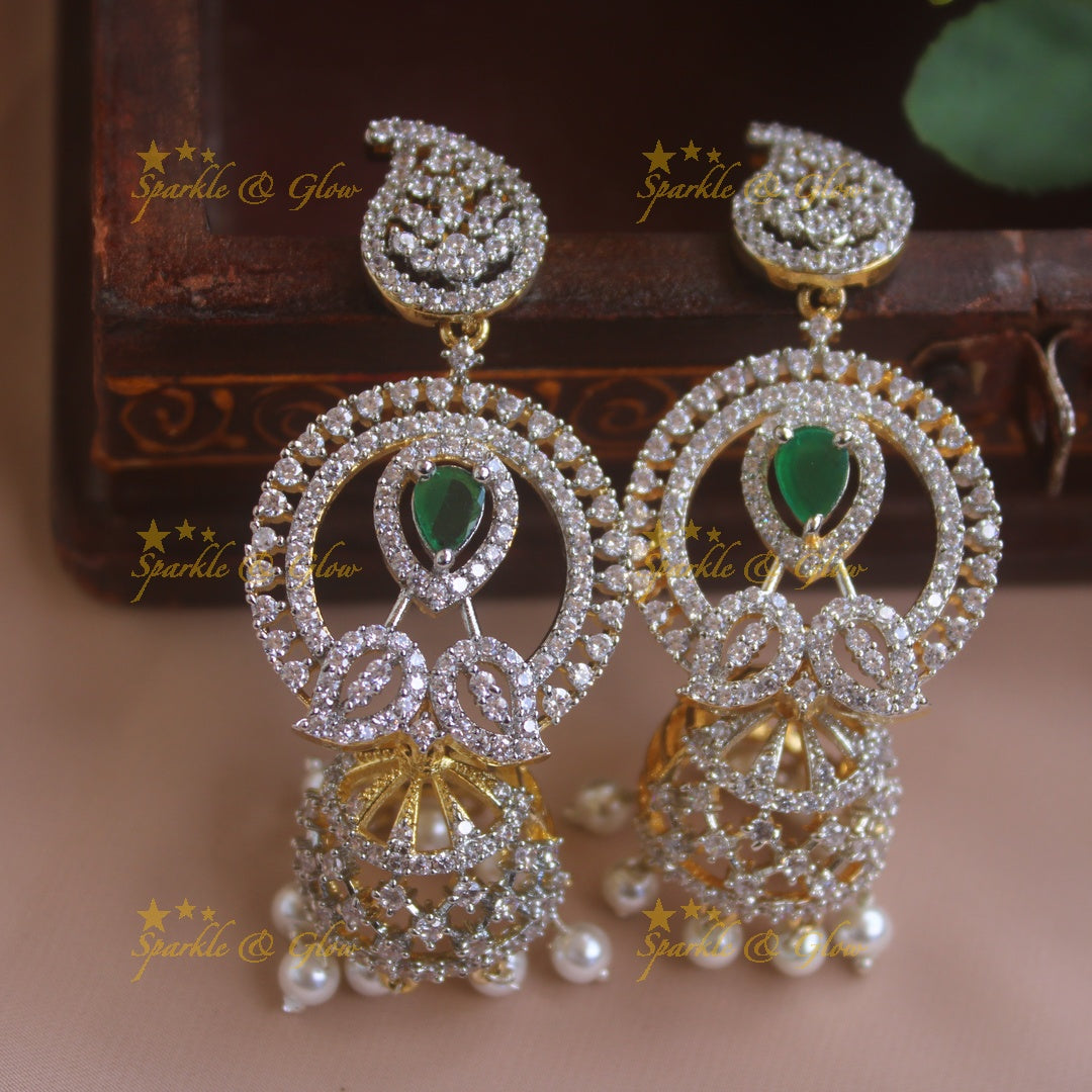 Glittering Leaf design American diamond jumukas with emerald and pearl drops