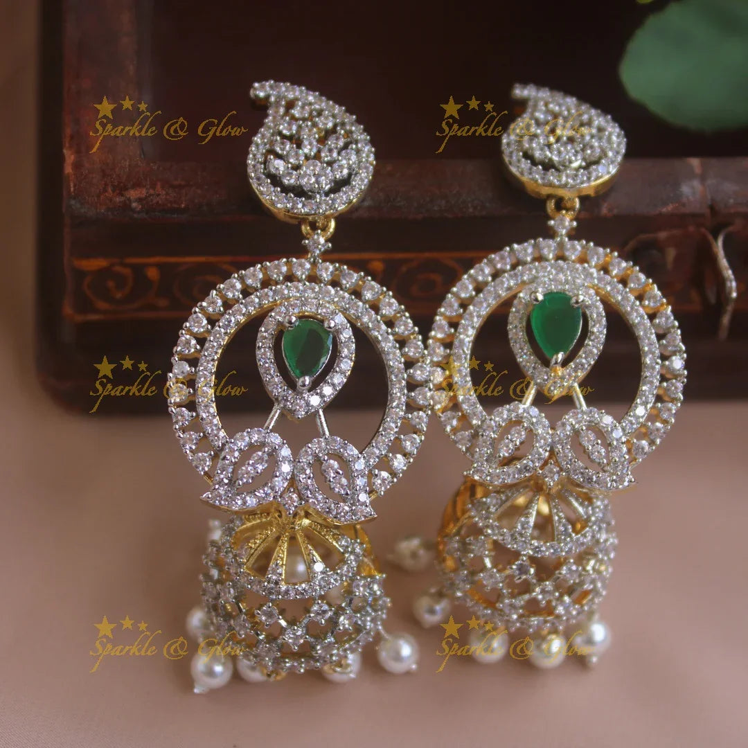 Glittering Leaf design American diamond jumukas with emerald and pearl drops - Sparkle and Glow