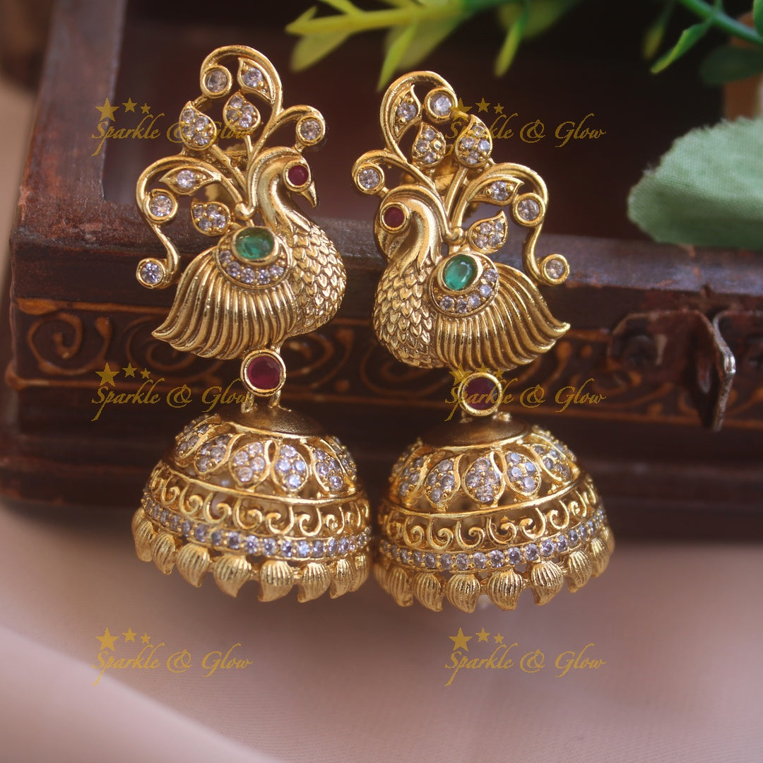 Beautiful Peacokc design jumukas with CZ stones ruby and emerald