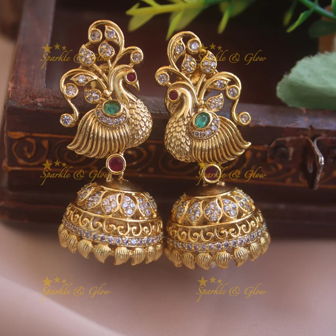 Beautiful Peacokc design jumukas with CZ stones ruby and emerald - Sparkle and Glow
