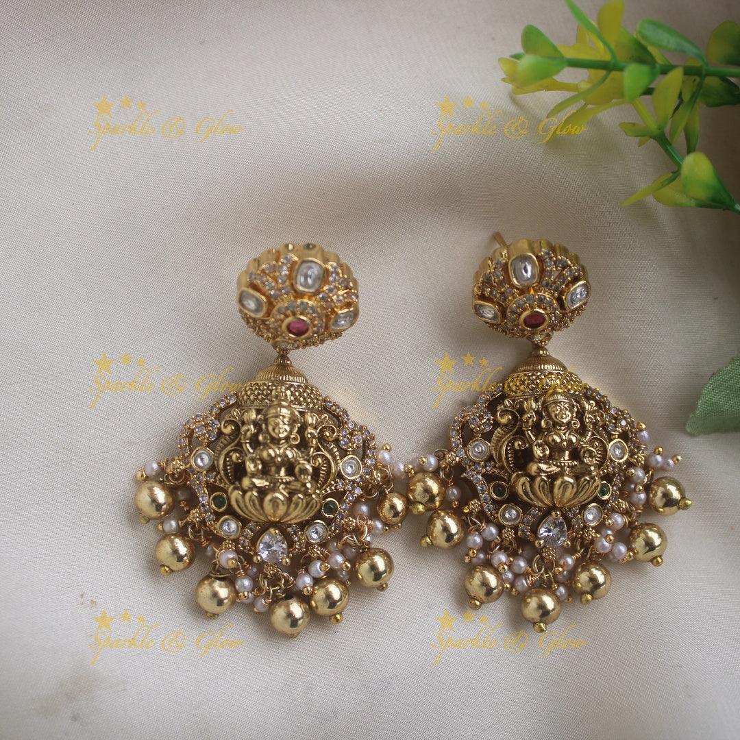 Beatiful Lakshmi elephant carved short necklace with CZ stones pearls and gold beads - Sparkle and Glow