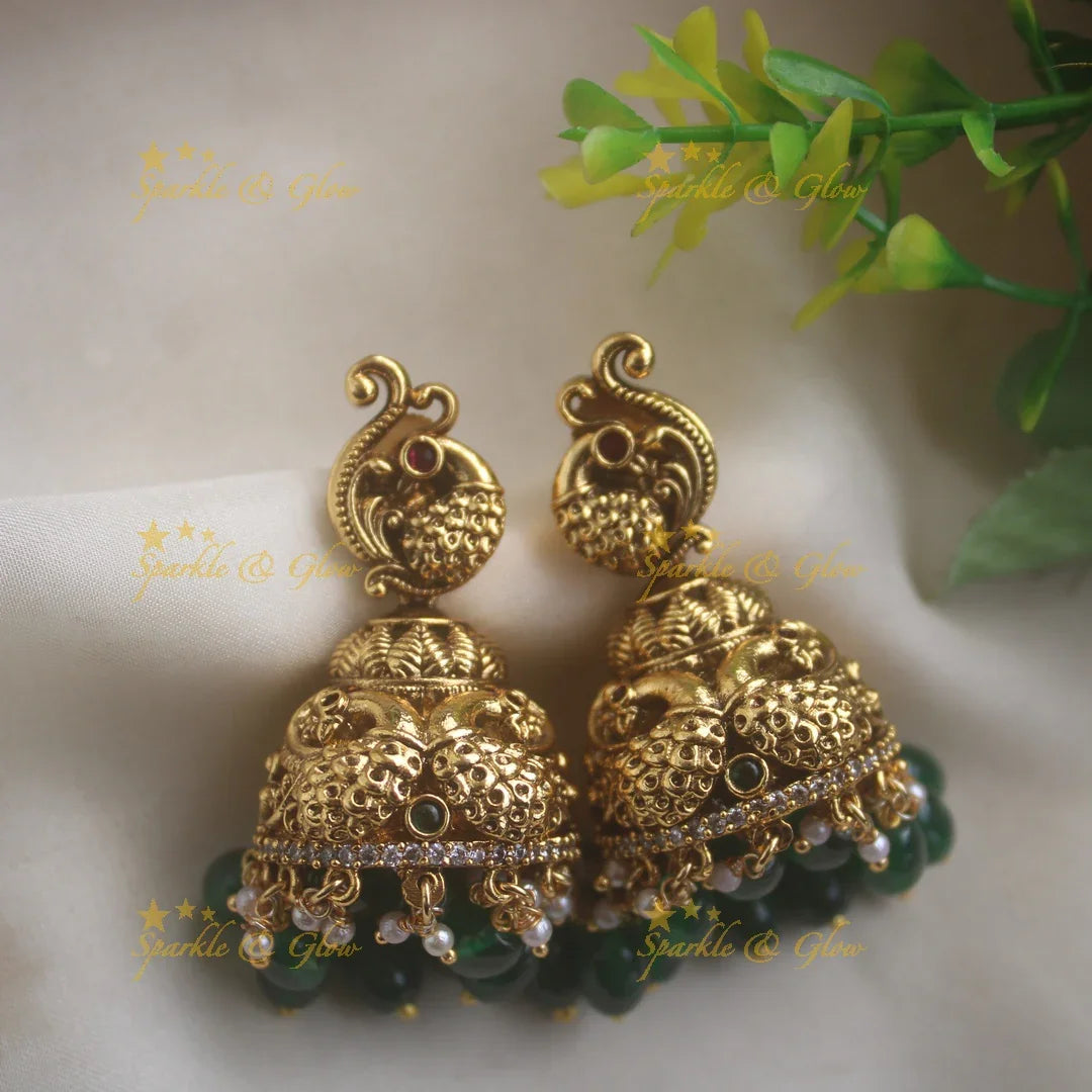 Elegant Lakshmi Peacock carved short necklace with CZ stones and green beads - Sparkle and Glow