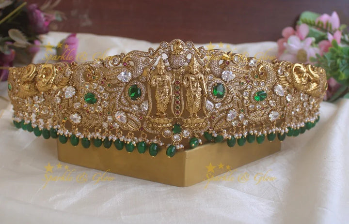 Sparkling Lakshmi Narayana Peacock carved Floral Hipbelt with Purple beads and AD stones - Sparkle and Glow