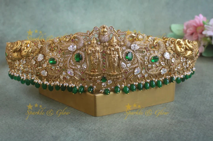 Sparkling Lakshmi Narayana Peacock carved Floral Hipbelt with Purple beads and AD stones - Sparkle and Glow