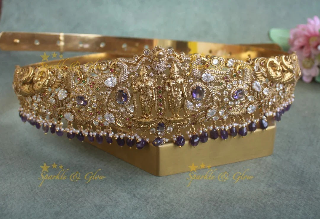Sparkling Lakshmi Narayana Peacock carved Floral Hipbelt with Purple beads and AD stones - Sparkle and Glow