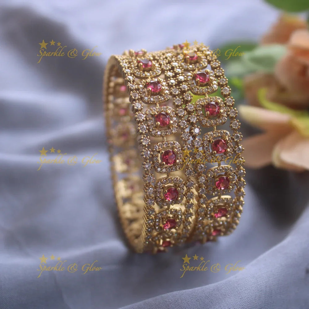 Sparkling Three line american diamond bangles with ruby stones a pair, 2.4 - Sparkle and Glow