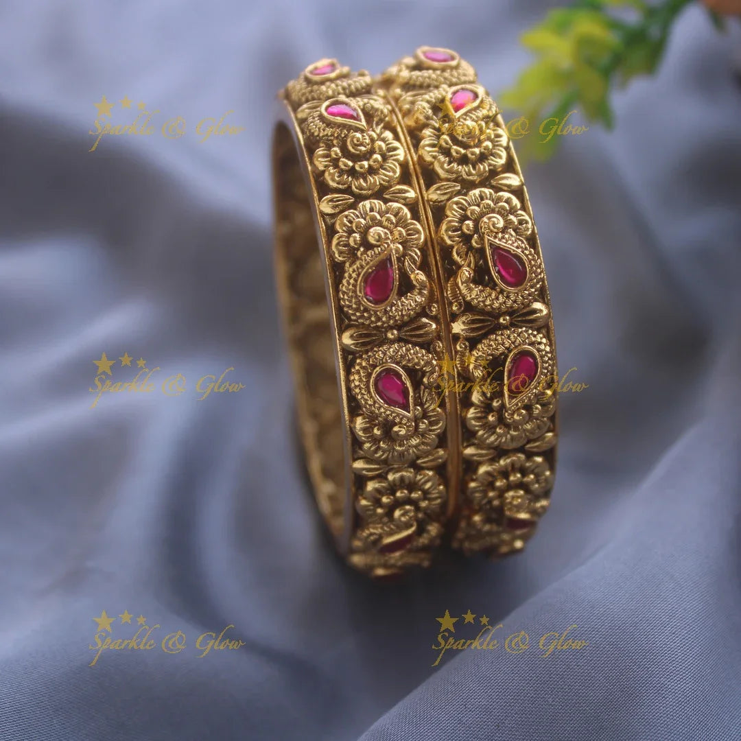 Gorgeous Floral peacock design kundan bangles a pair, 2.4 - Sparkle and Glow