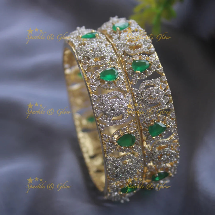 Glittering lotus design american diamond bangles with Green ruby stones a pair - Sparkle and Glow