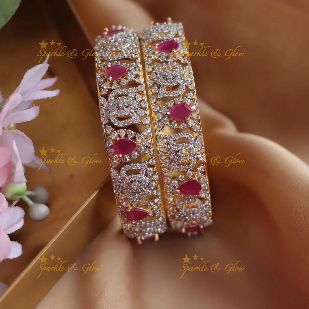 Glittering lotus design american diamond bangles with Green ruby stones a pair - Sparkle and Glow