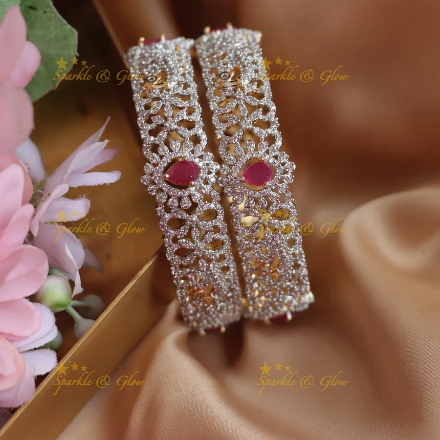 Statement floral peacock design american diamond bangles with ruby Emerald stones a pair - Sparkle and Glow
