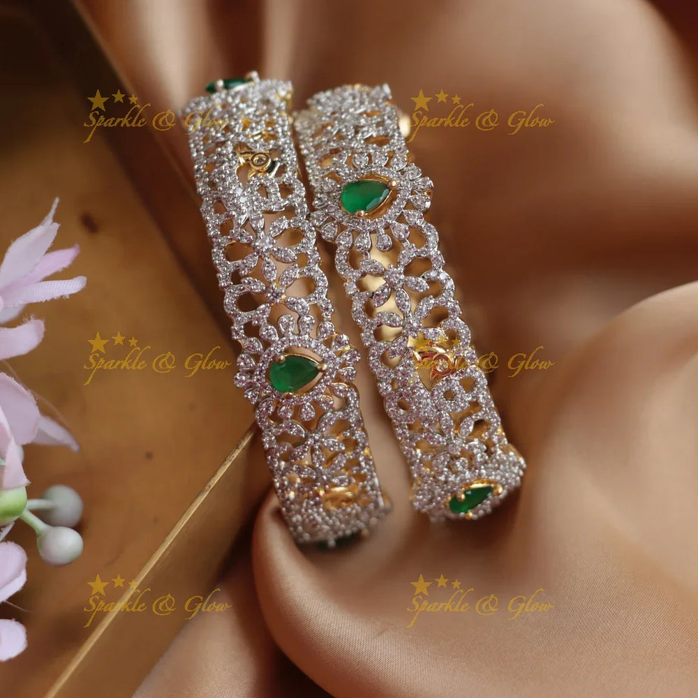 Statement floral peacock design american diamond bangles with ruby Emerald stones a pair - Sparkle and Glow