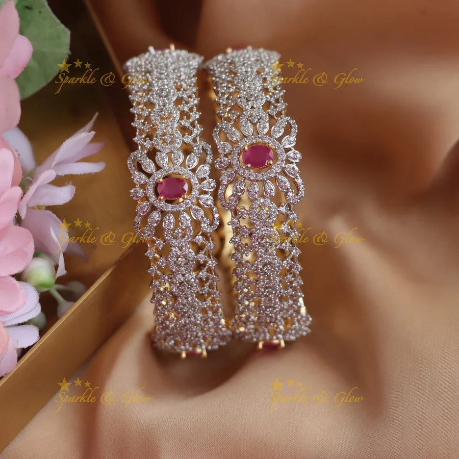 Sparkling Floral design american diamond bangles with emerald Ruby stones a pair - Sparkle and Glow