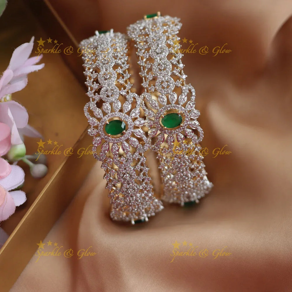 Sparkling Floral design american diamond bangles with emerald Ruby stones a pair - Sparkle and Glow