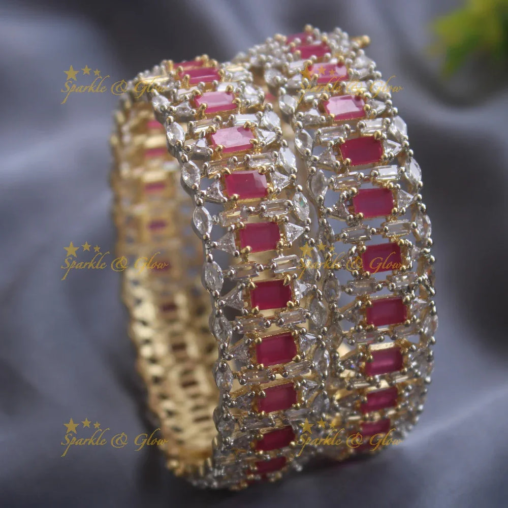 Stunning Rectangle stone american diamond bangles with ruby stones a pair - Sparkle and Glow
