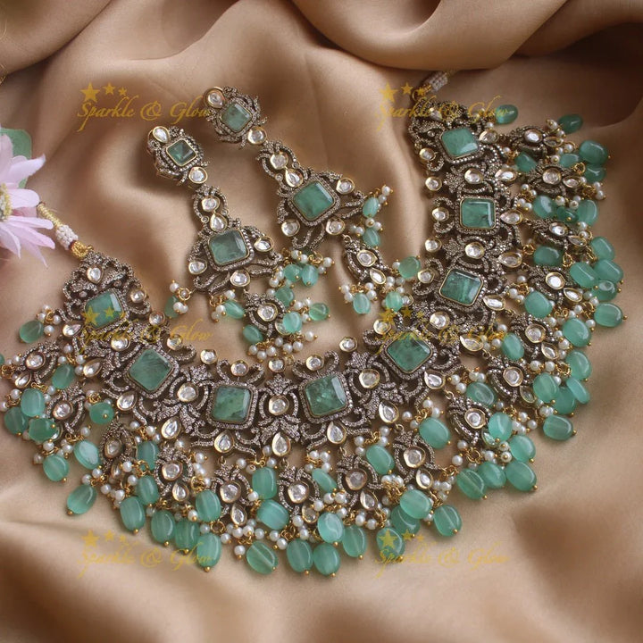 Goegeous Floral design victorian AD short necklace with stones and beads - mint green - Sparkle and Glow