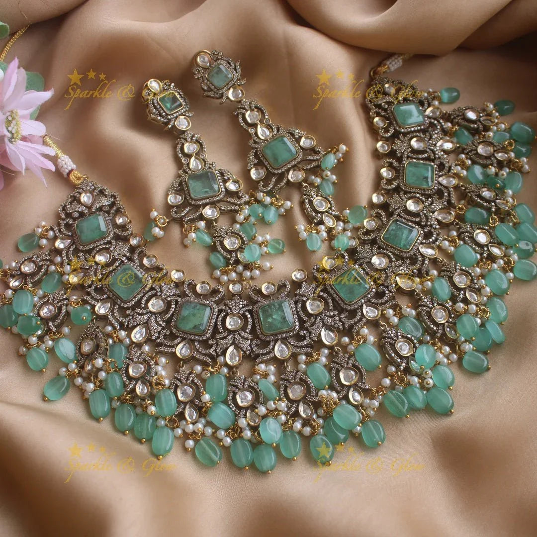 Goegeous Floral design victorian AD short necklace with stones and beads - mint green - Sparkle and Glow
