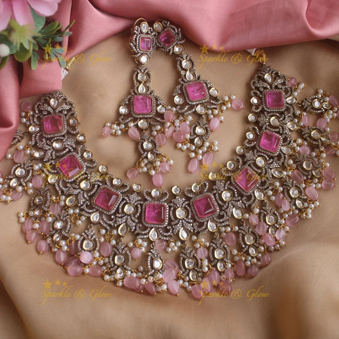 Goegeous Floral design victorian AD short necklace with stones and beads - mint green - Sparkle and Glow