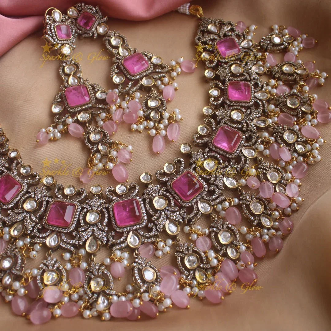 Goegeous Floral design victorian AD short necklace with stones and beads - mint green - Sparkle and Glow