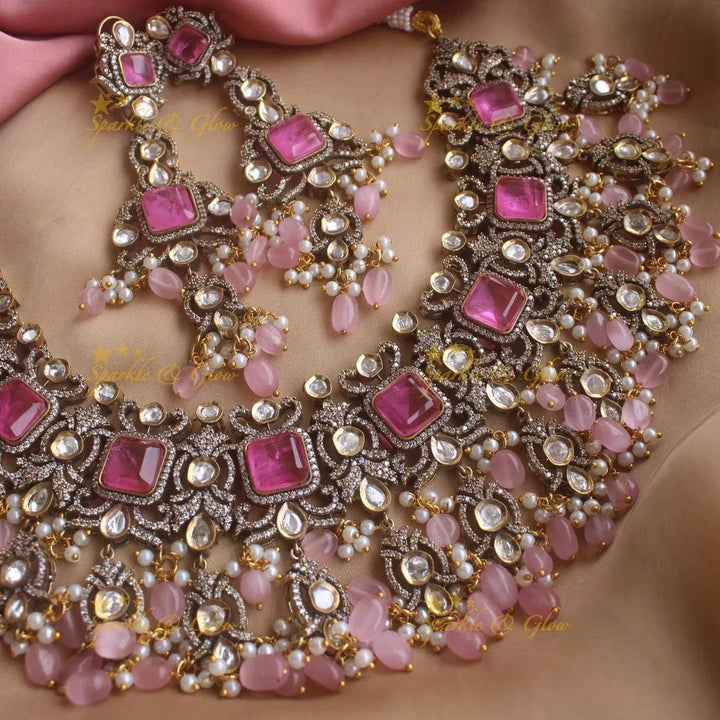 Goegeous Floral design victorian AD short necklace with stones and beads - mint green - Sparkle and Glow