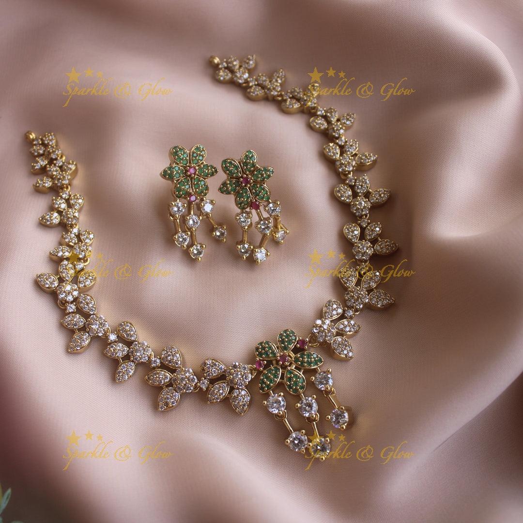 Stunning Floral and Leaflet design AD short necklace with emerald stones - Sparkle and Glow