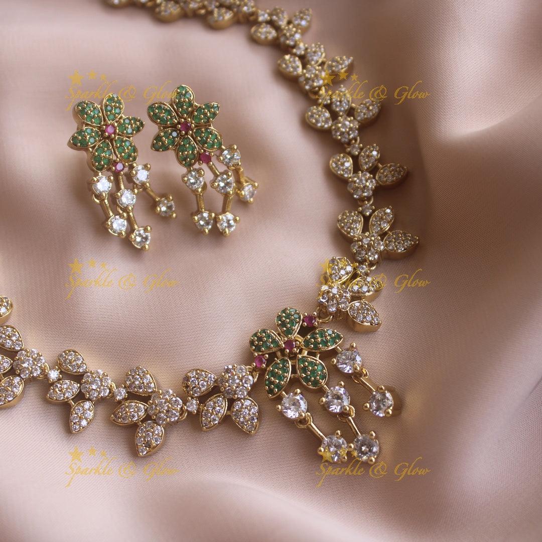 Stunning Floral and Leaflet design AD short necklace with emerald stones - Sparkle and Glow