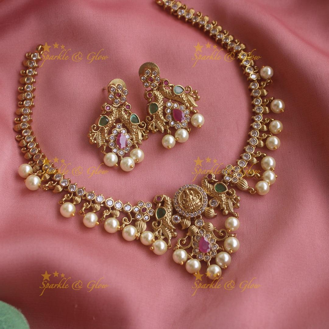 Beautiful Lakshmi peacock design short necklace with CZ stones and pearl drops - Sparkle and Glow