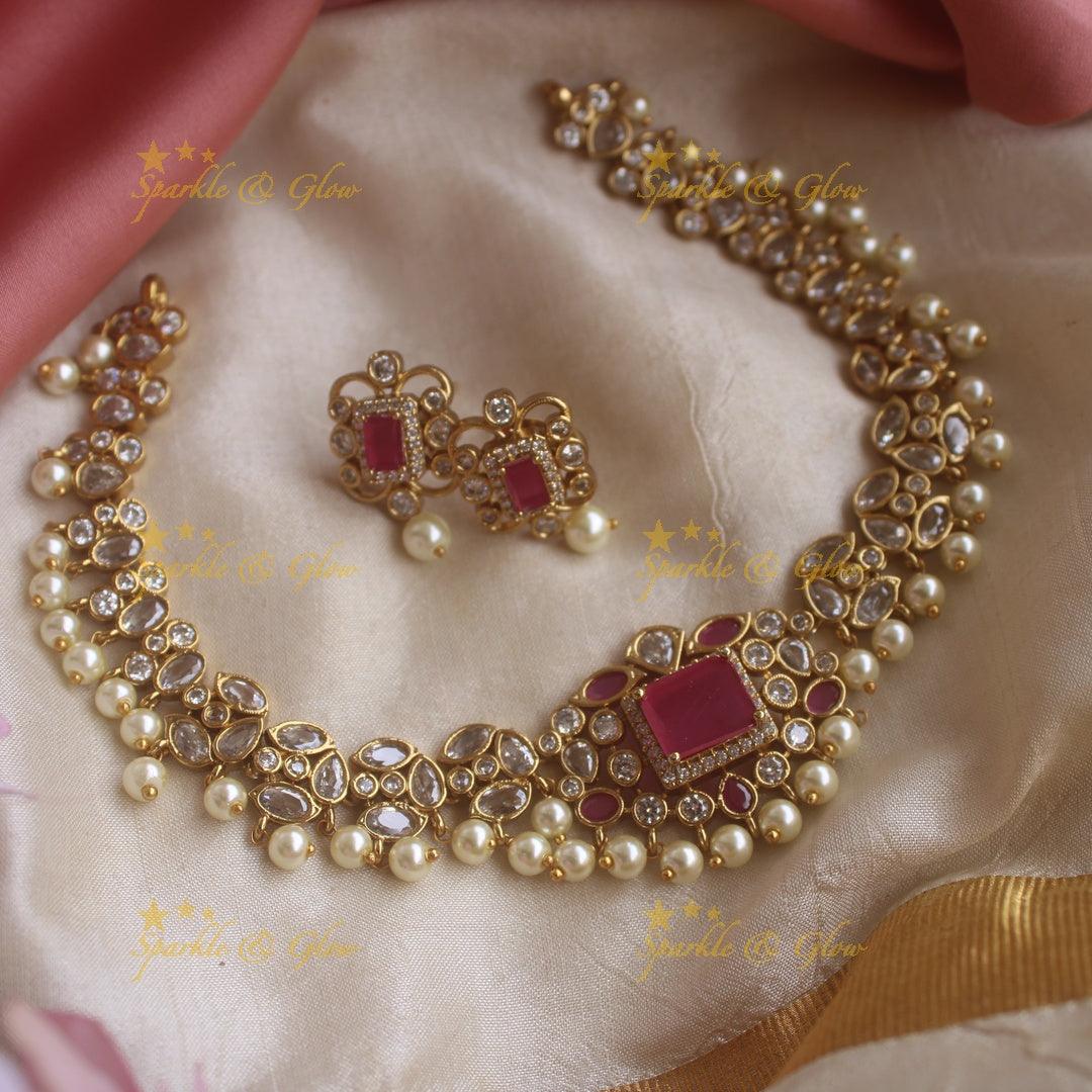 Stunning AD short necklace with ruby stones and pearl drops - Sparkle and Glow