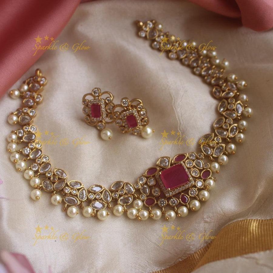 Stunning AD short necklace with ruby stones and pearl drops - Sparkle and Glow