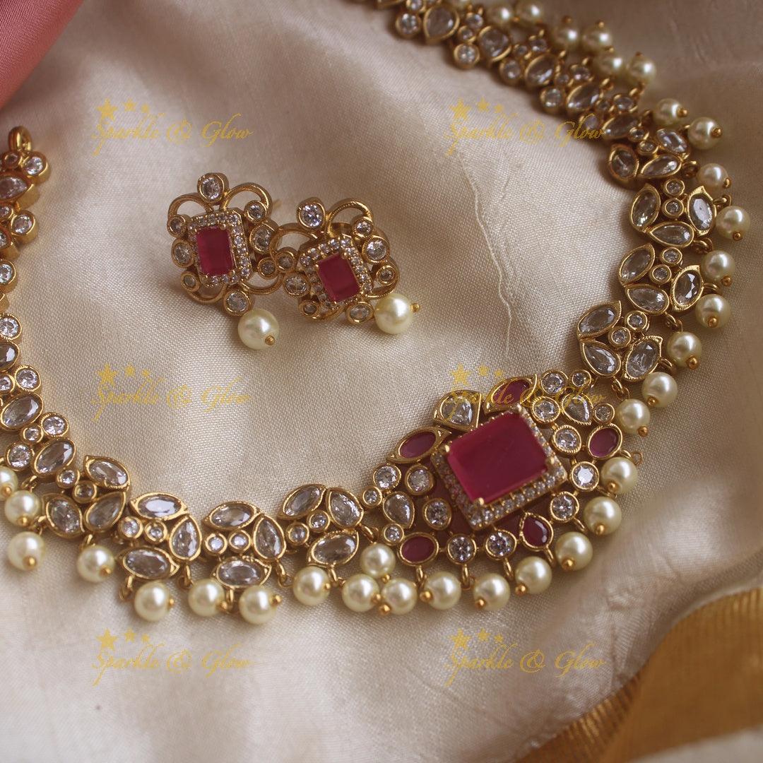 Stunning AD short necklace with ruby stones and pearl drops - Sparkle and Glow