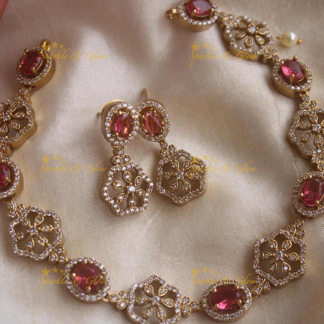 Beautiful Floral and oval ruby stone AD short necklace - Sparkle and Glow