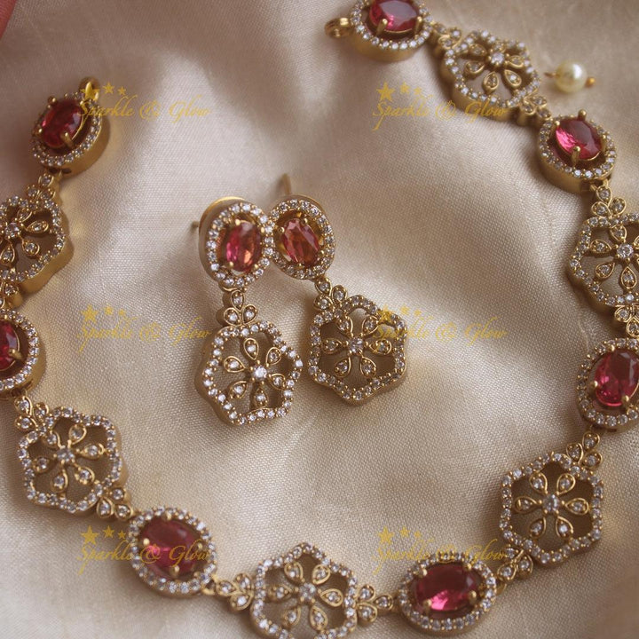 Beautiful Floral and oval ruby stone AD short necklace - Sparkle and Glow