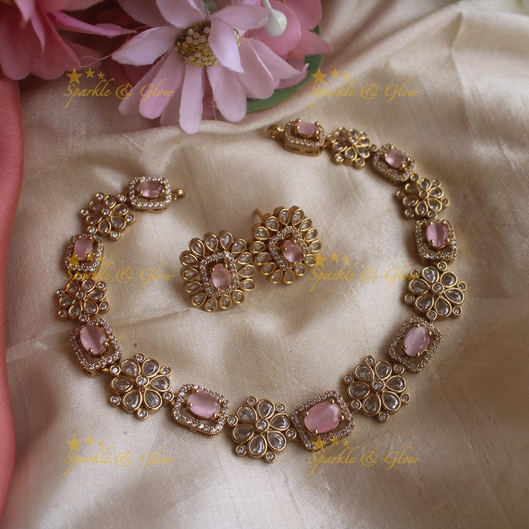 Beautiful floral and rectangle design AD short necklace with baby pink stones - Sparkle and Glow