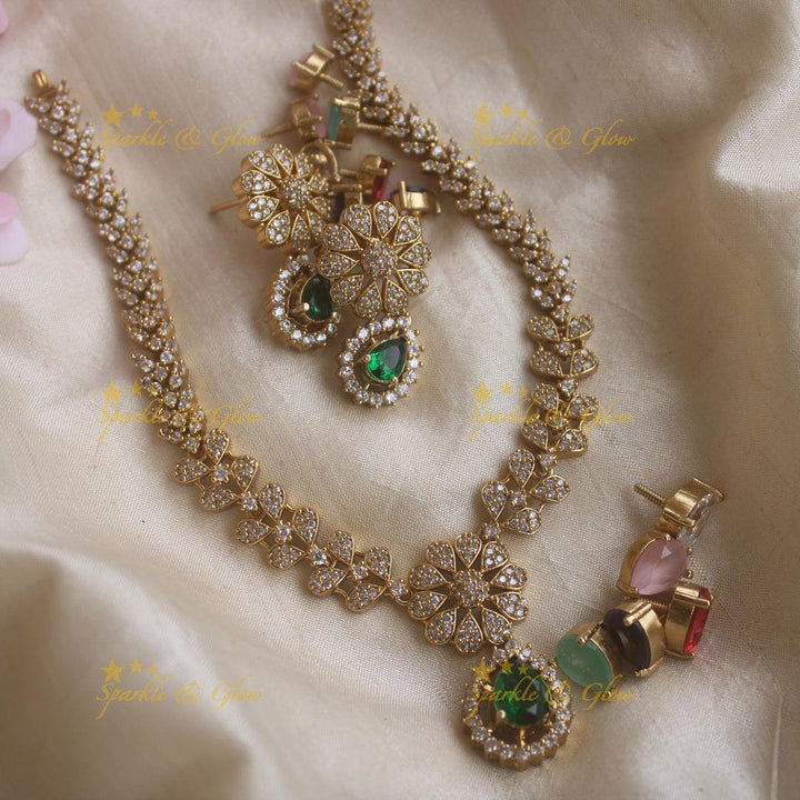 Elegant Floral and leaflet design AD short necklace with multi colour interchangeable stones - Sparkle and Glow