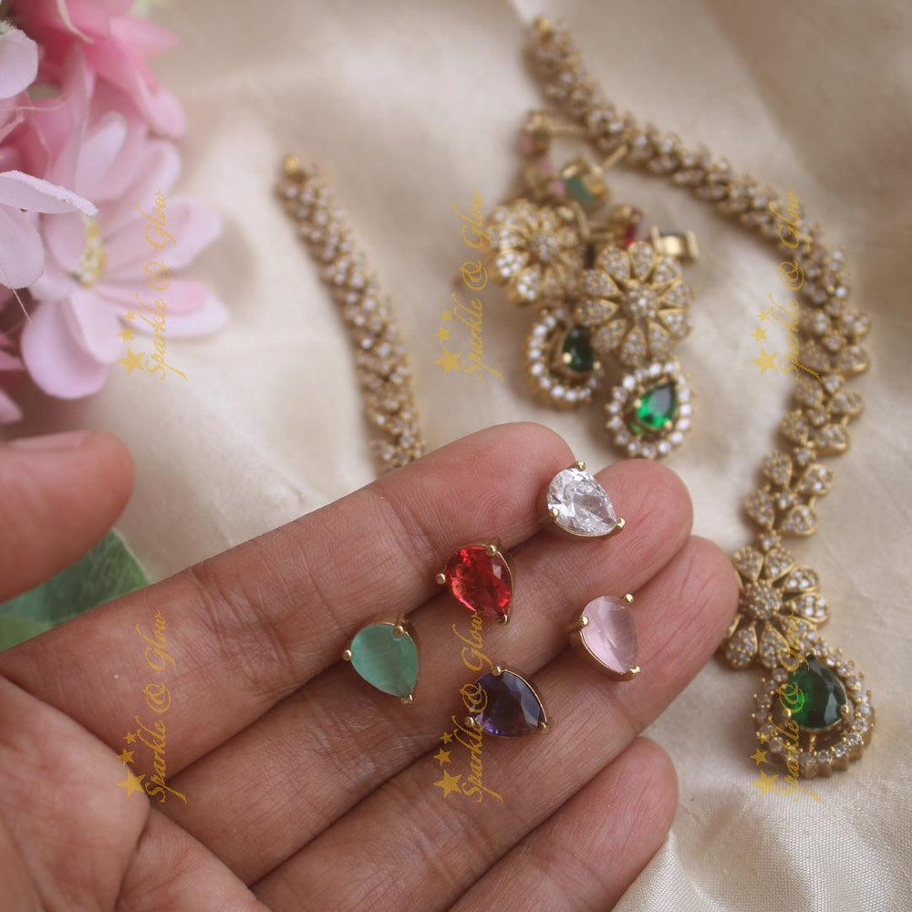 Elegant Floral and leaflet design AD short necklace with multi colour interchangeable stones - Sparkle and Glow