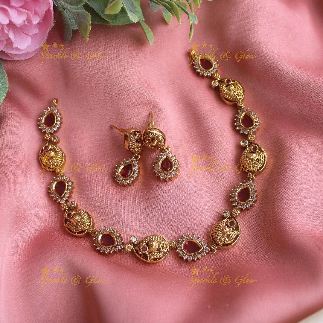 Statement Peacock and water drop design short necklace with ruby and CZ stones - Sparkle and Glow