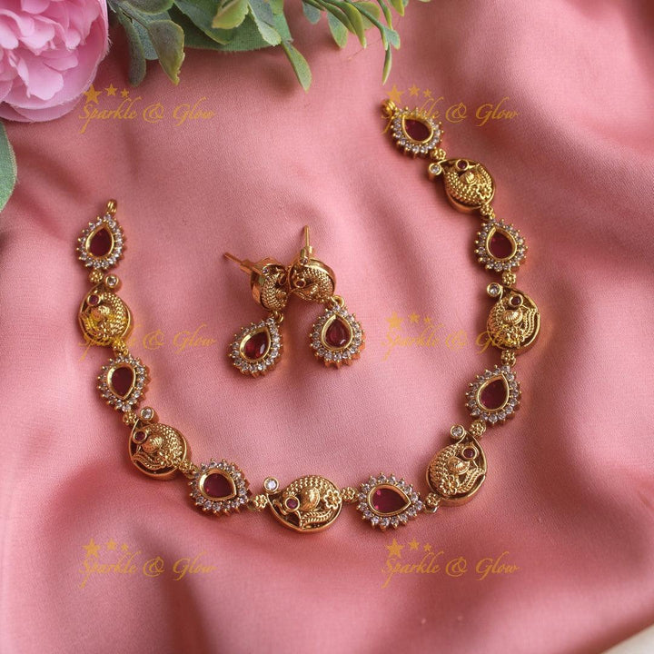 Statement Peacock and water drop design short necklace with ruby and CZ stones - Sparkle and Glow