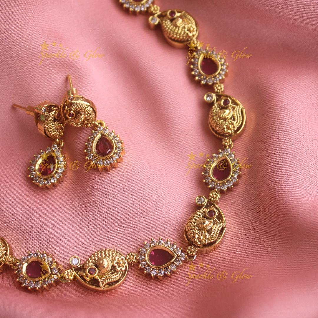 Statement Peacock and water drop design short necklace with ruby and CZ stones - Sparkle and Glow