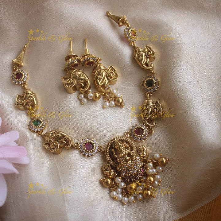 Beautiful Lakshmi ganesha carved short necklace with ruby emerald pearls and gold beads - Sparkle and Glow