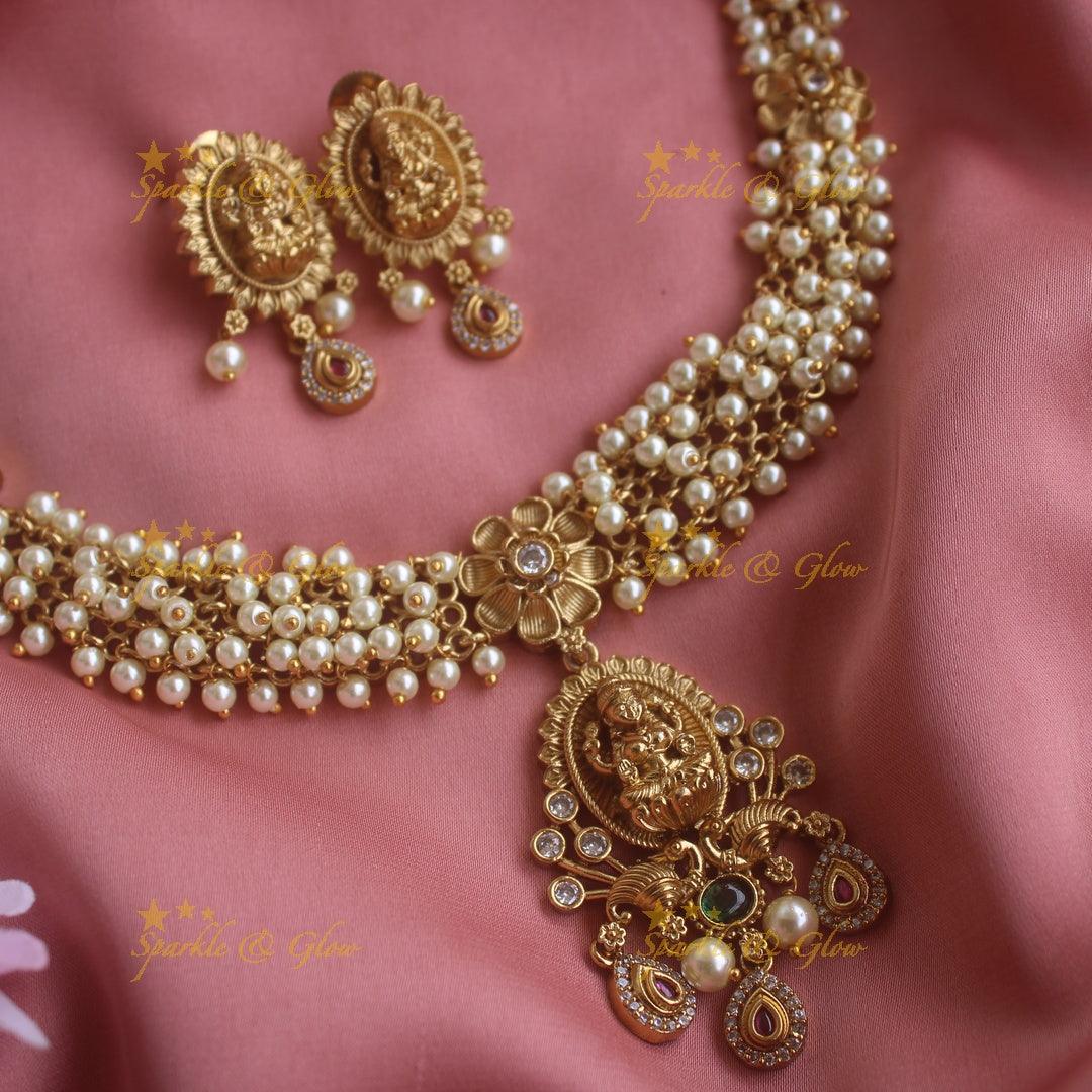 Stunning Lakshmi carved pendant short necklace with cluster pearls and stones - Sparkle and Glow
