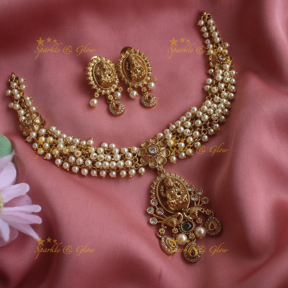 Stunning Lakshmi carved pendant short necklace with cluster pearls and stones - Sparkle and Glow