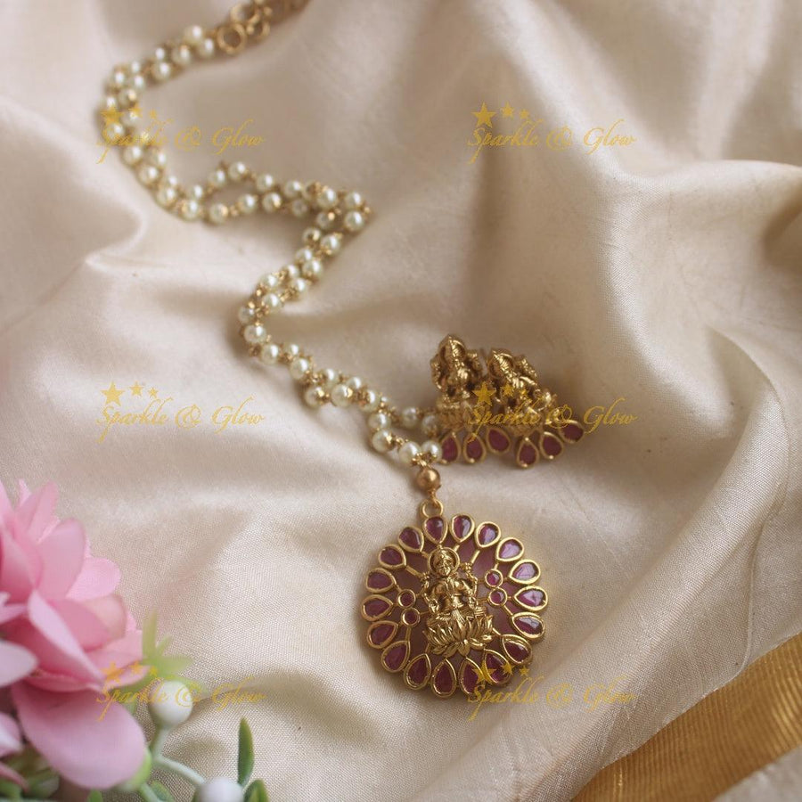 Statemet Lakshmi and ruby stone pendant haram with pearl chain - Sparkle and Glow
