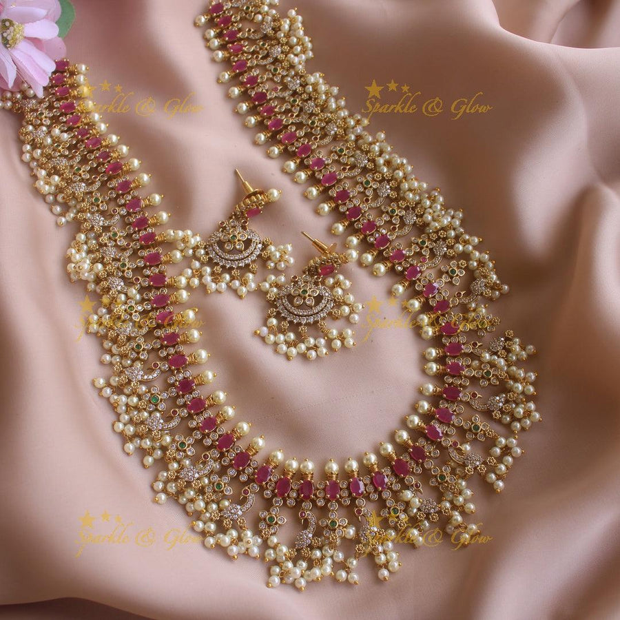 Gorgeous Peacock and floral gutta pusalu long necklace with ruby and CZ stones - Sparkle and Glow
