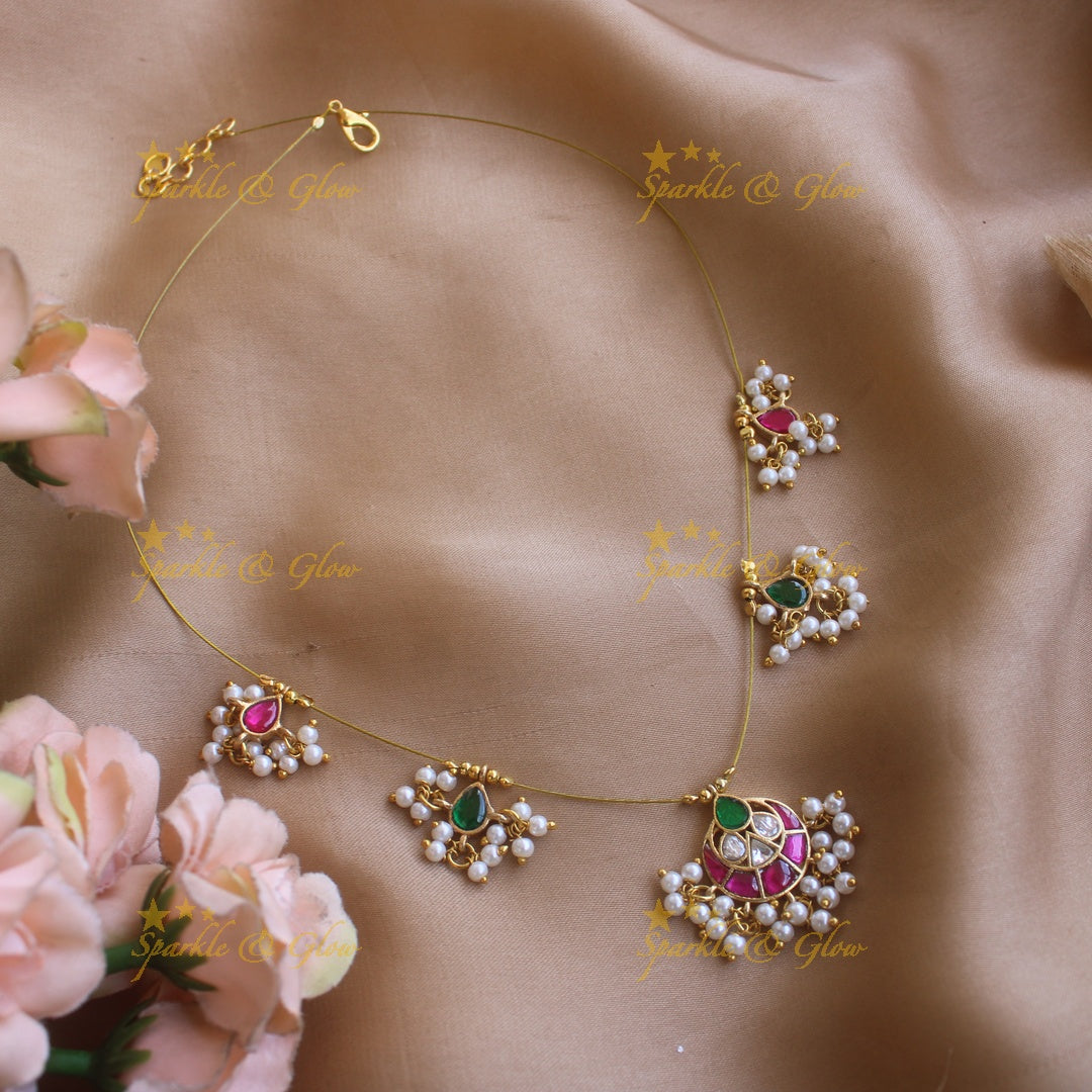 Beautiful half moon design kundan short necklace with pearls with invisible chain