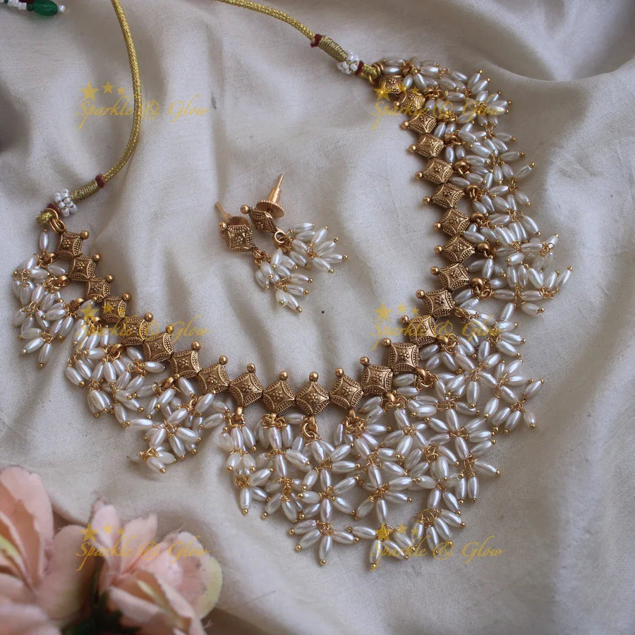 Stunning Gutta pusalu short necklace with rice pearls - Sparkle and Glow