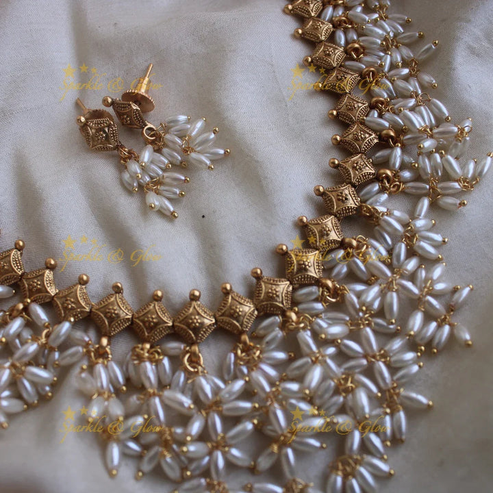 Stunning Gutta pusalu short necklace with rice pearls - Sparkle and Glow