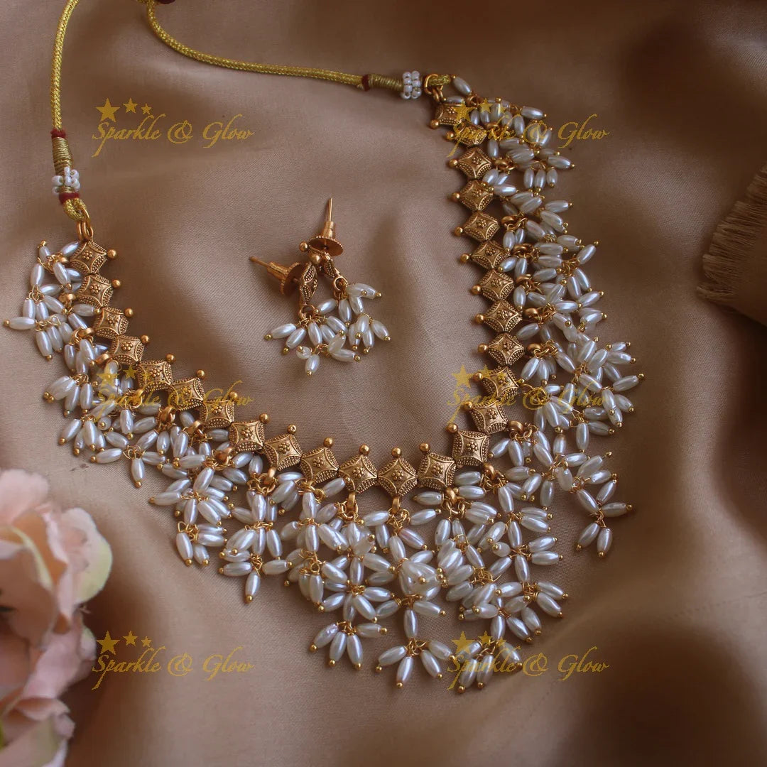 Stunning Gutta pusalu short necklace with rice pearls - Sparkle and Glow